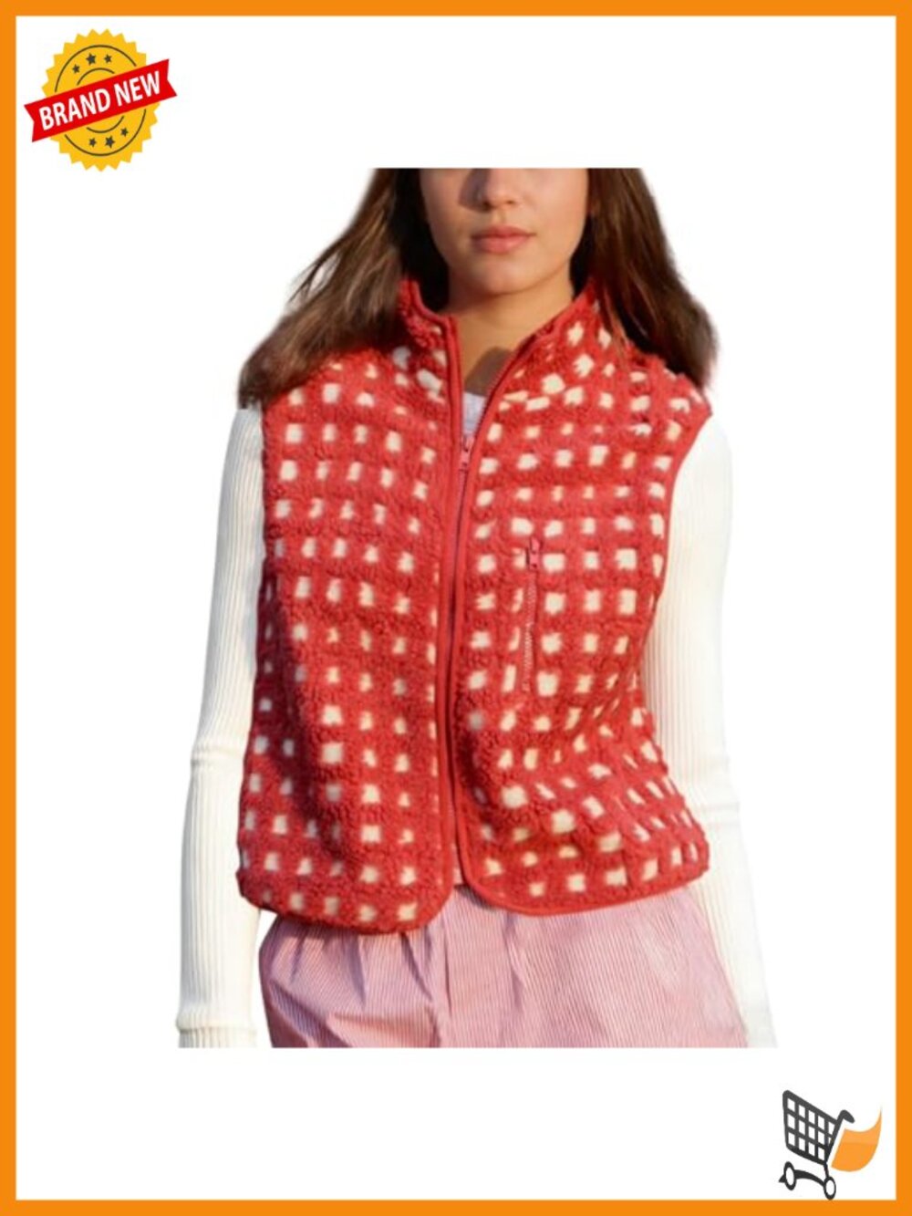 Women's Plaid Sherpa Fleece Vest Sleeveless Zip Up Winter Warm Vest